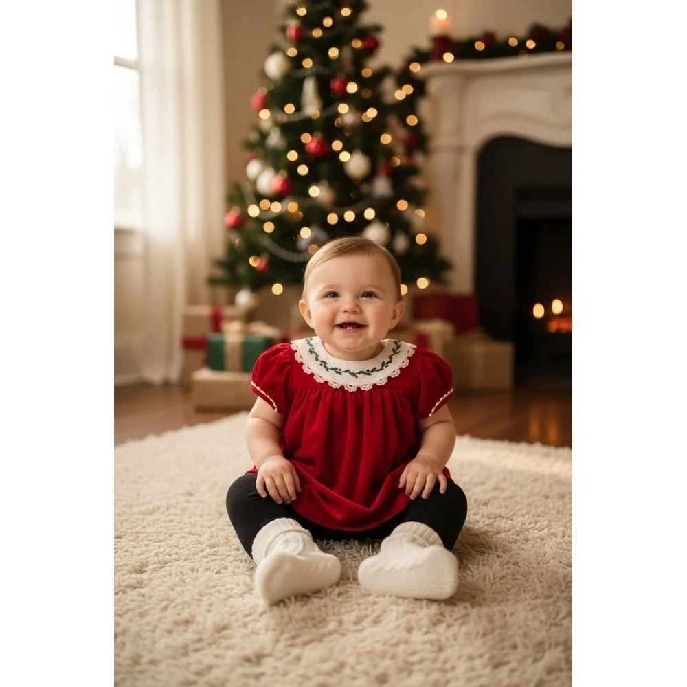 Vintage Baby Girl Christmas Dress Red Holly Embroidery 12M velvet Union Made USA